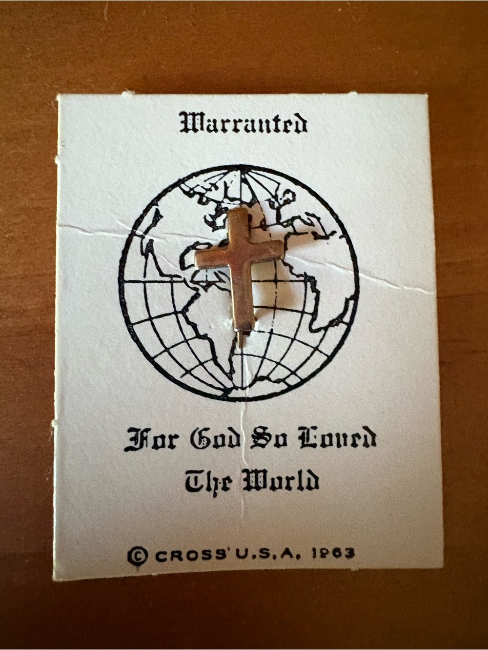 Gold Religious Cross Brooch on Globe Card